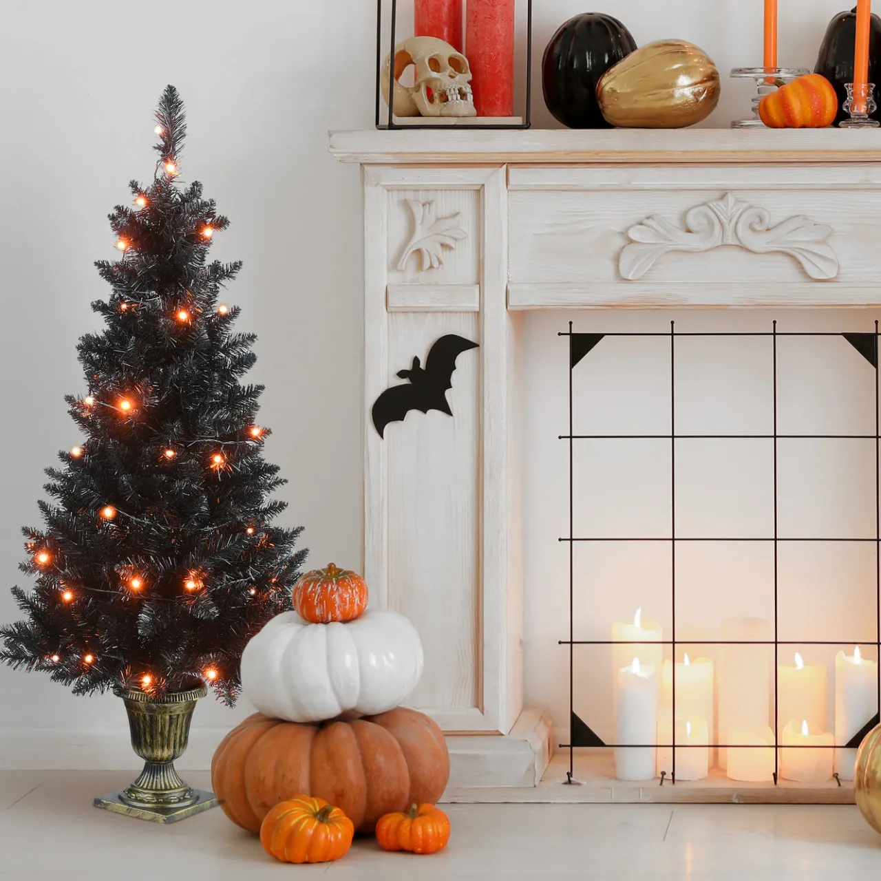 National Tree Company 4 ft. Black Entrance Tree with String of Orange Lights