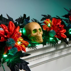 Discount National Tree Company 6 ft. Halloween Boo-tiful Garland with Orange Dahlia Flowers, White Skulls, LED Lights