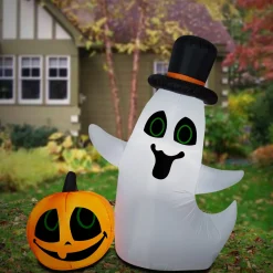 New National Tree Company 4 ft. Halloween Ghost with Pumpkin Small Scene Inflatable Decoration
