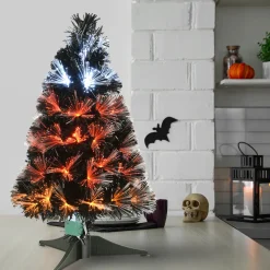 Online National Tree Company 3 ft. Halloween Pre Lit Black Tree Decoration with Fiber Optic, Candy Corn Colored Lights