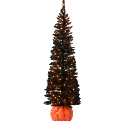 New National Tree Company 6 ft Halloween Pre-Lit Black Tree with LED Lights, Pumpkin Base
