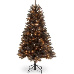 New National Tree Company 4.5 ft. Halloween Pre-Lit North Valley Spruce Full Black Christmas Tree with White Lights