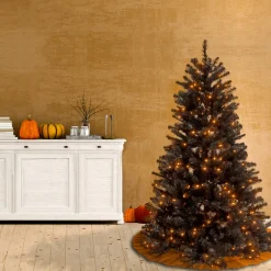New National Tree Company 4.5 ft. Halloween Pre-Lit North Valley Spruce Full Black Christmas Tree with White Lights