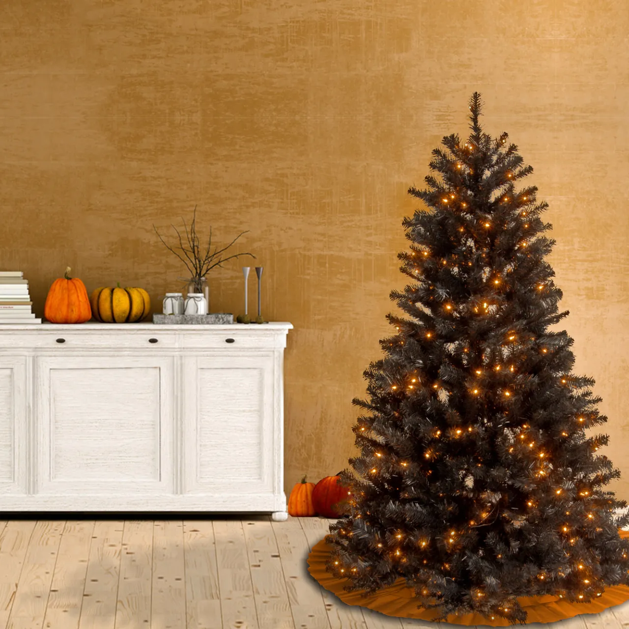 New National Tree Company 4.5 ft. Halloween Pre-Lit North Valley Spruce Full Black Christmas Tree with White Lights