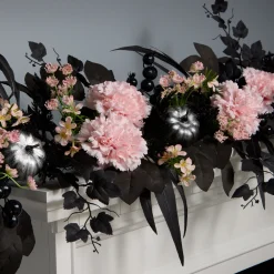 New National Tree Company 6 ft. Halloween Pretty Morbid Pink Carnation Wreath with Silver Pumpkins