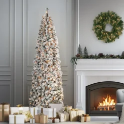 National Tree Company 9 ft. Pre-Lit Acacia Flocked Slim Tree with Clear Lights