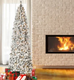 National Tree Company 9 ft. Pre-Lit Acacia Flocked Slim Tree with Clear Lights