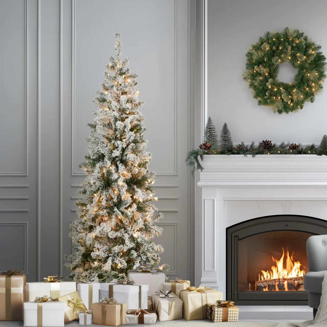 Online National Tree Company 6 ft. Pre-Lit Acacia Medium Flocked Tree with Clear Lights