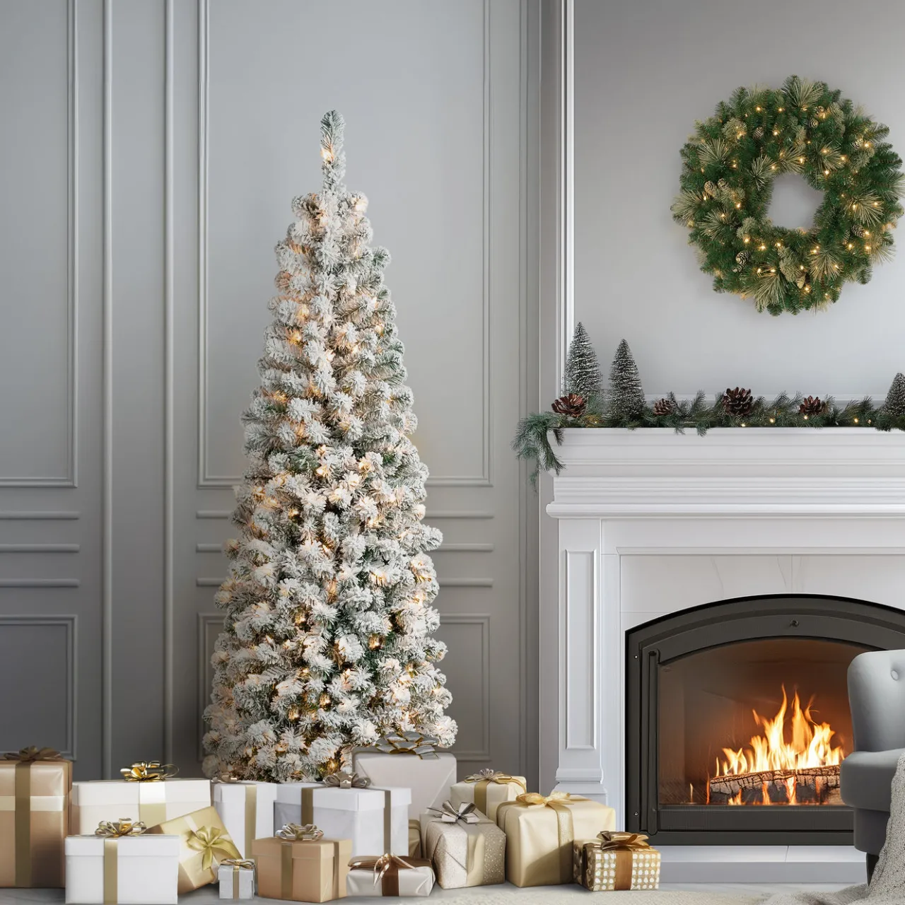 Hot National Tree Company 6 ft. Pre-Lit Acacia Pencil Slim Flocked Tree with Clear Lights