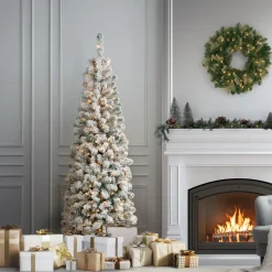 Hot National Tree Company 6 ft. Pre-Lit Acacia Pencil Slim Flocked Tree with Clear Lights