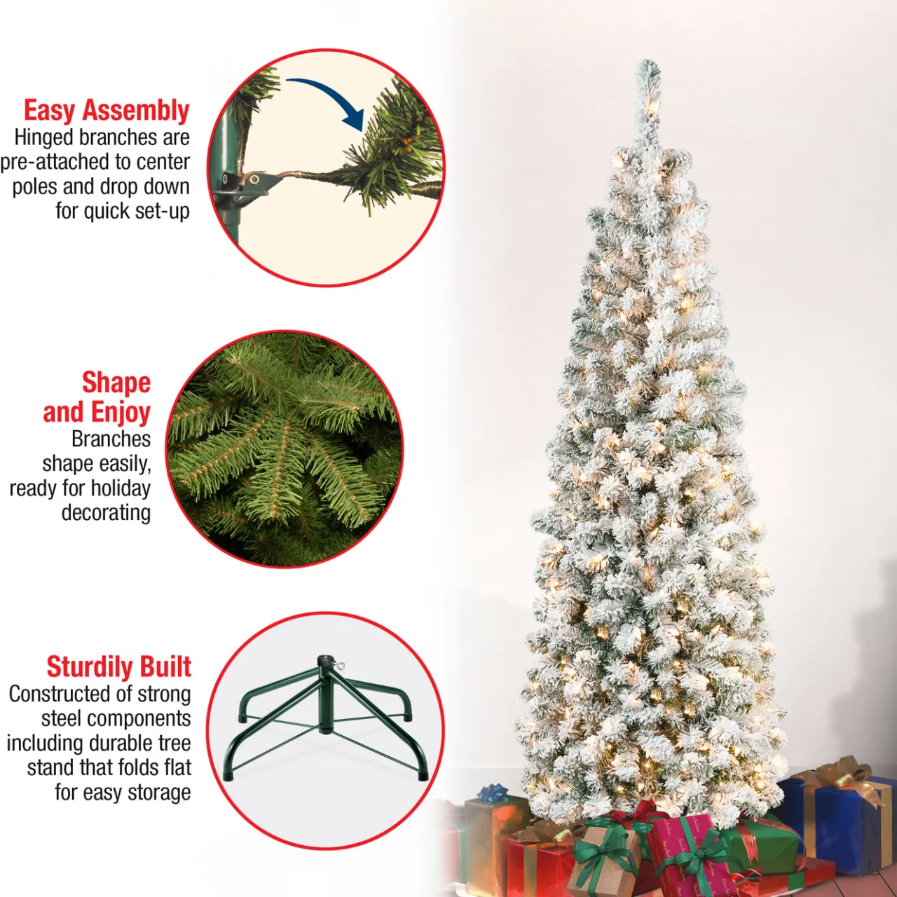 Hot National Tree Company 6 ft. Pre-Lit Acacia Pencil Slim Flocked Tree with Clear Lights