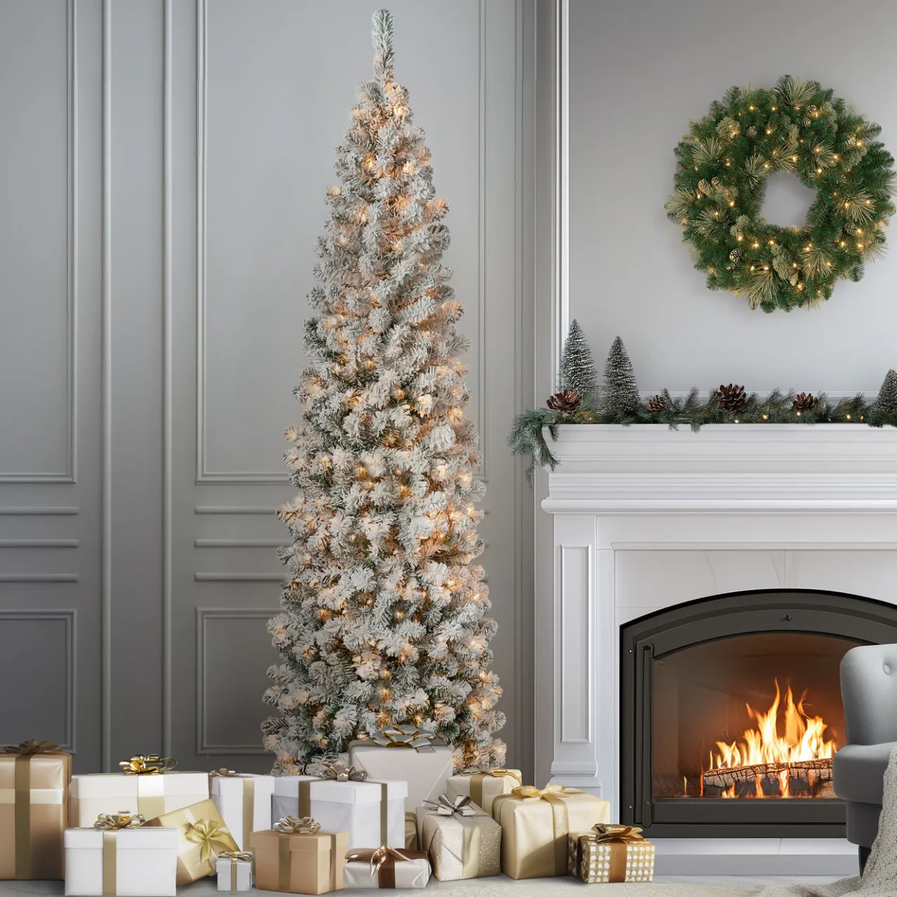 National Tree Company 7.5 ft. Pre-Lit Acacia Pencil Slim Flocked Tree with Clear Lights