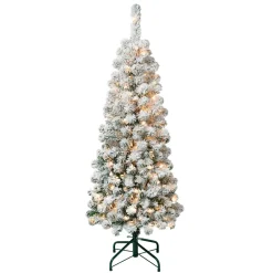 Hot National Tree Company 4.5 ft. Pre-Lit Acacia Pencil Slim Flocked Tree with Clear Lights