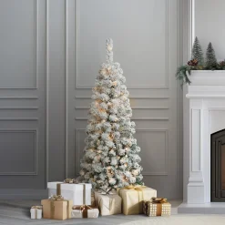 Hot National Tree Company 4.5 ft. Pre-Lit Acacia Pencil Slim Flocked Tree with Clear Lights
