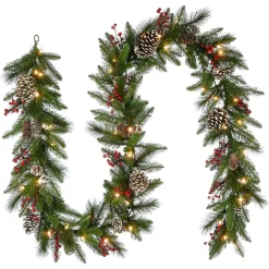 Online National Tree Company 9 ft. Pre-Lit Bristle Berry Pine Garland with LED Lights