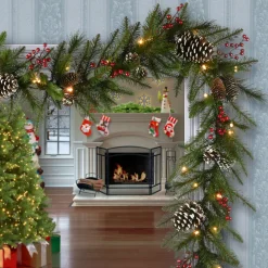 Online National Tree Company 9 ft. Pre-Lit Bristle Berry Pine Garland with LED Lights
