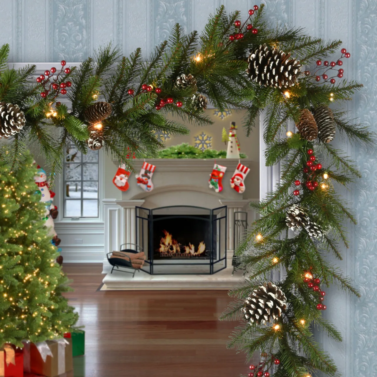 Online National Tree Company 9 ft. Pre-Lit Bristle Berry Pine Garland with LED Lights