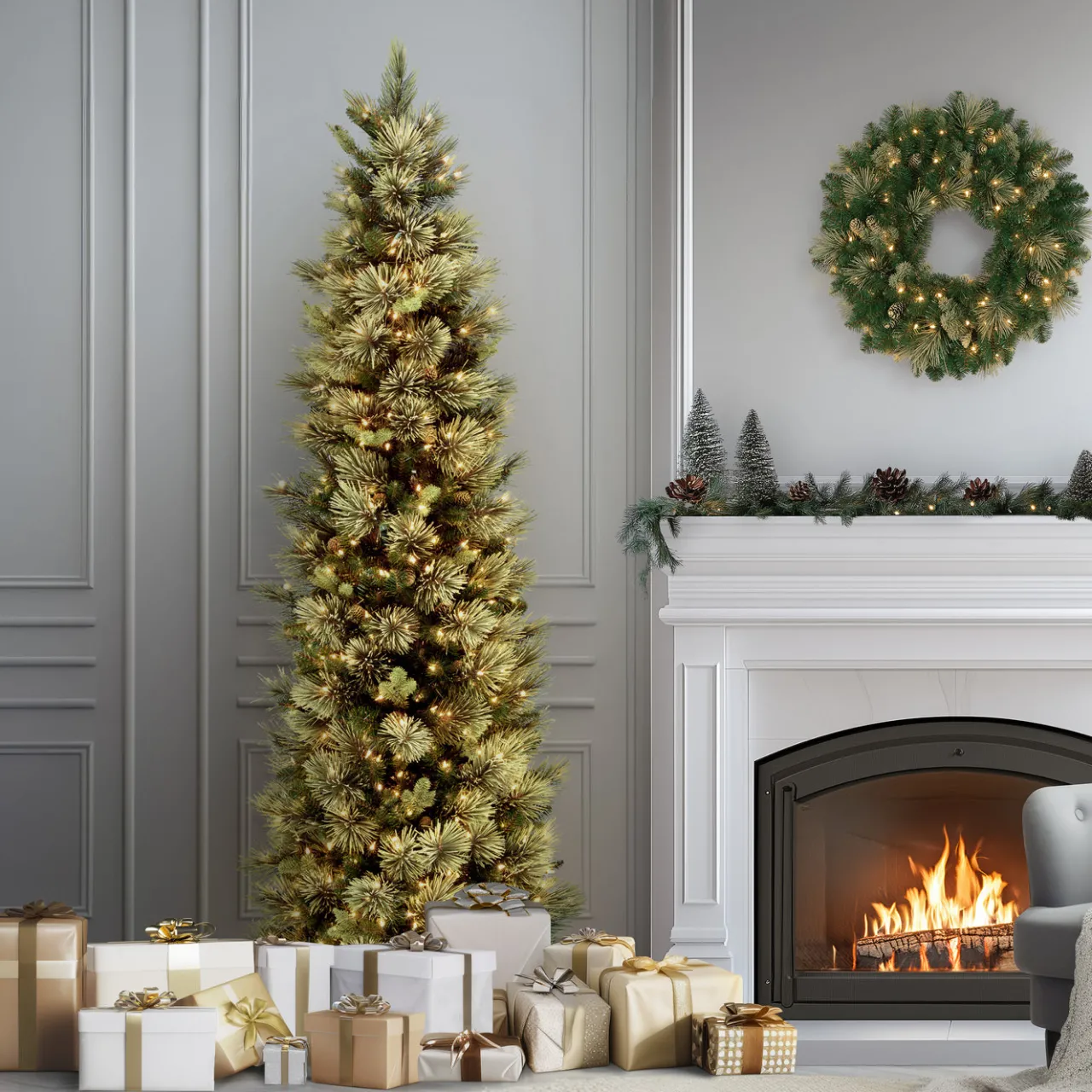 New National Tree Company 9 ft. Pre-Lit Carolina Pine Slim Tree with Clear Lights