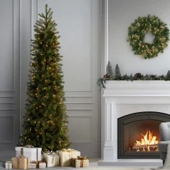 Hot National Tree Company 7.5 ft. Pre-Lit Downswept Douglas Fir Pencil Slim Tree with Clear Lights