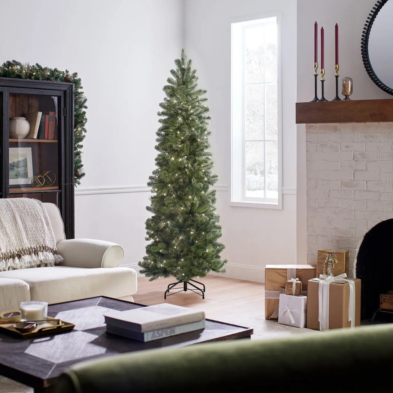 Best National Tree Company 6.5 ft. Pre-Lit Downswept Douglas Fir Pencil Slim Tree with Clear Lights