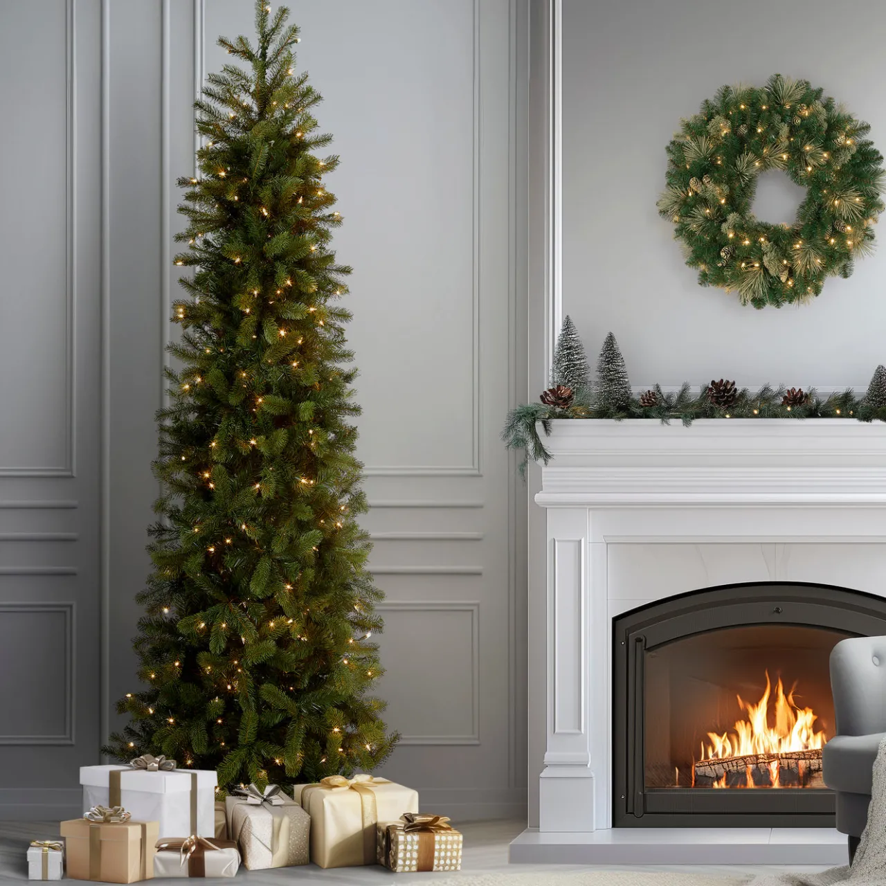 Hot National Tree Company 9 ft. Pre-Lit Downswept Douglas Fir Pencil Slim Tree with Clear Lights