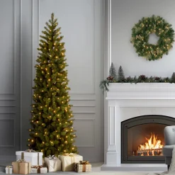 New National Tree Company 6.5 ft. Pre-Lit Downswept Douglas Fir Pencil Slim Tree with Dual Color LED Lights