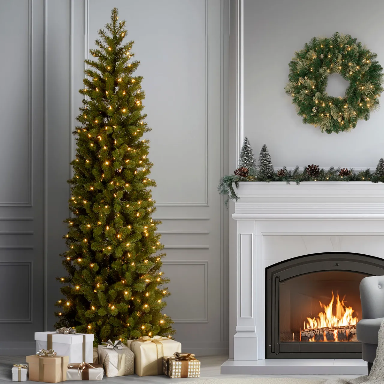 Online National Tree Company 7.5 ft. Pre-Lit Downswept Douglas Fir Pencil Slim Tree with Dual Color LED Lights
