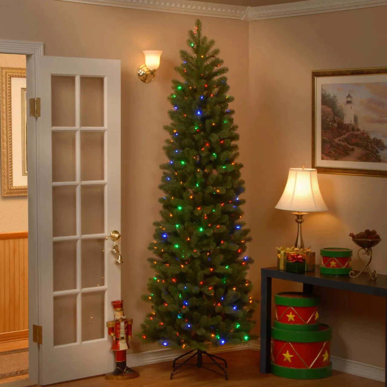 Online National Tree Company 7.5 ft. Pre-Lit Downswept Douglas Fir Pencil Slim Tree with Dual Color LED Lights