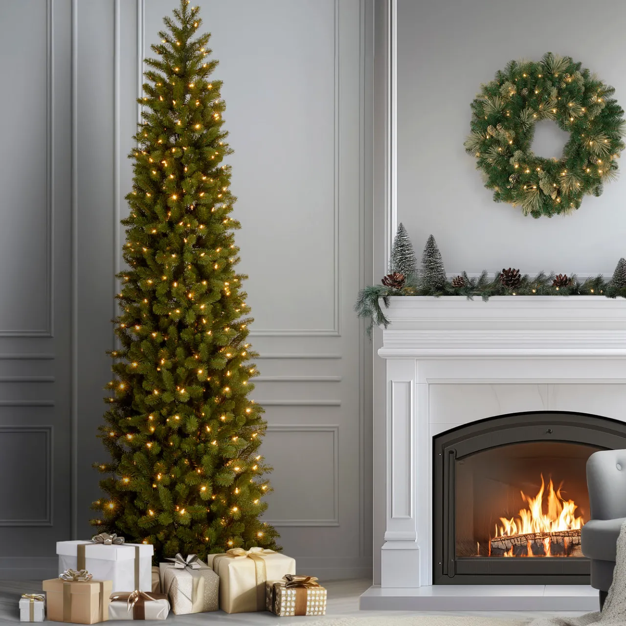 Sale National Tree Company 9 ft. Pre-Lit Downswept Douglas Fir Pencil Slim Tree with Dual Color LED Lights