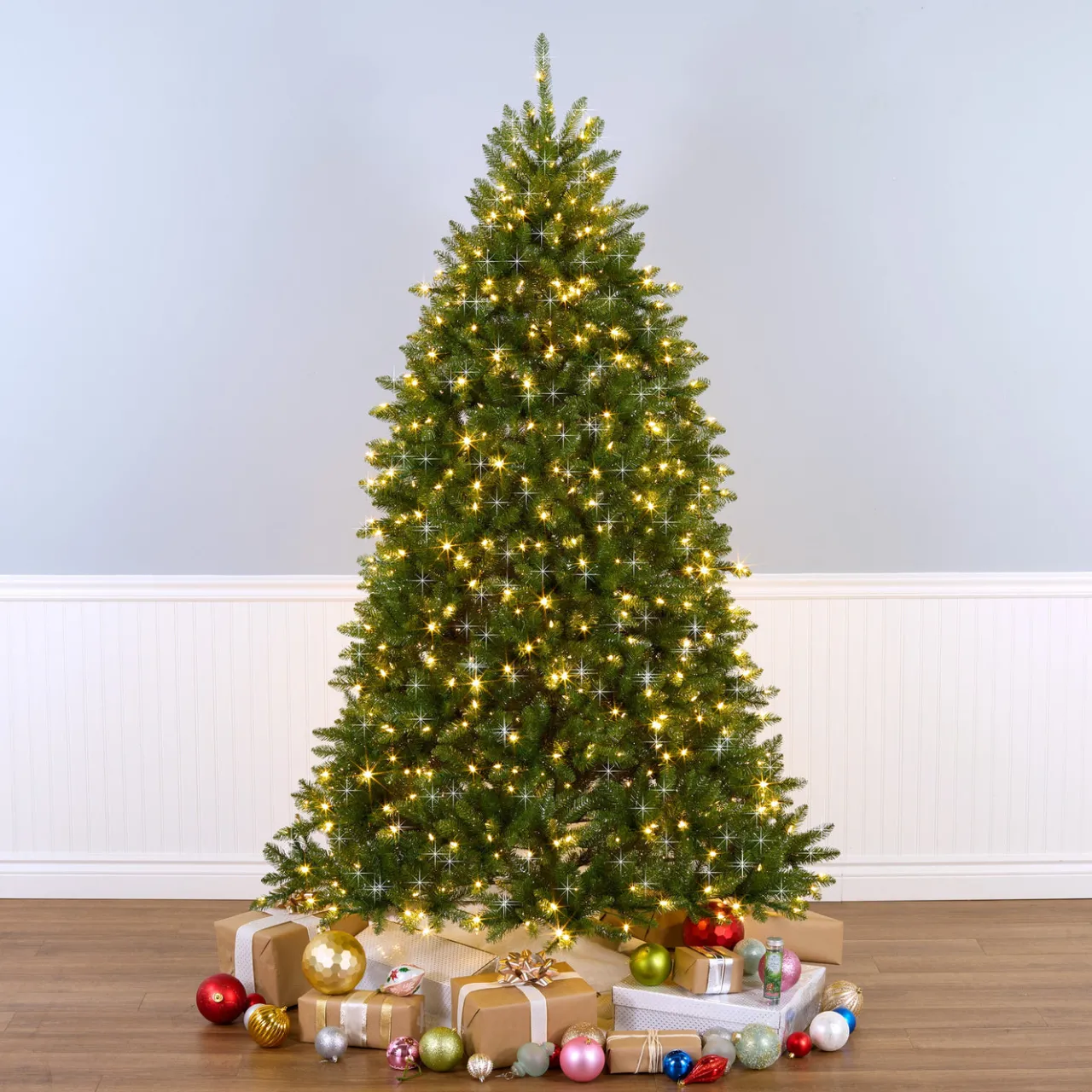 Hot National Tree Company 7.5 ft. Pre-Lit Dunhill Fir Shimmer Tree Silver Tinsel with Dual Color LED Lights