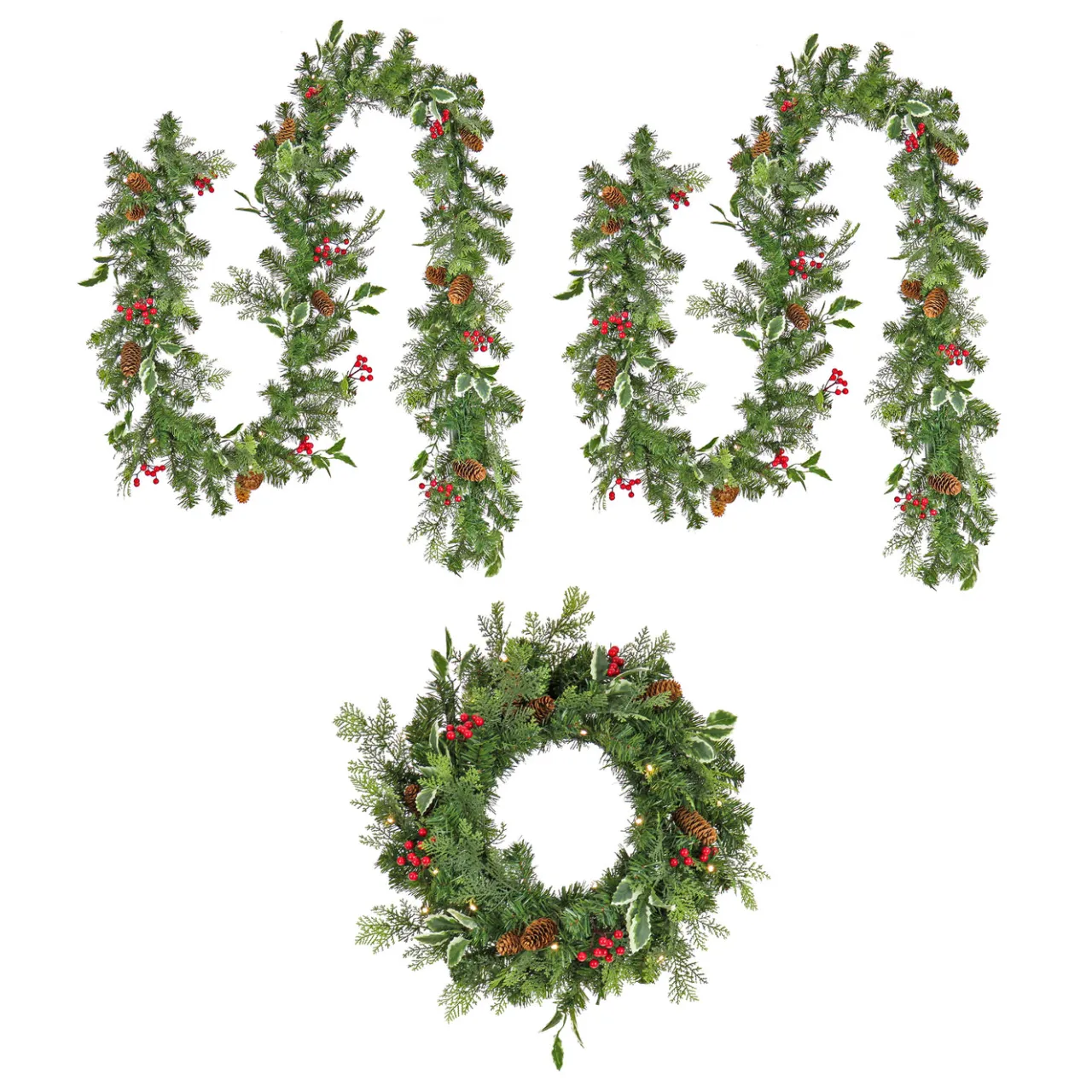 New National Tree Company 9 ft. Pre-Lit First Traditions Holly Berry Wreath and Garland Assortment