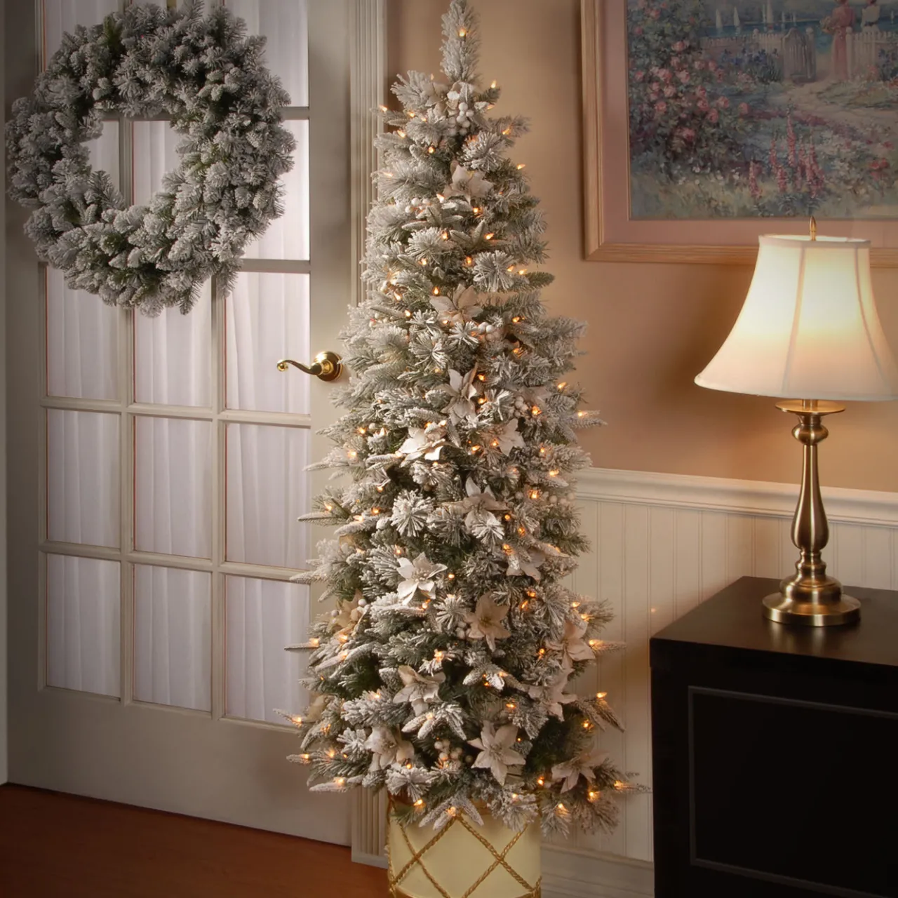 Outlet National Tree Company 6 ft. Pre-Lit Frosted Colonial Slim Half Tree with Clear Lights