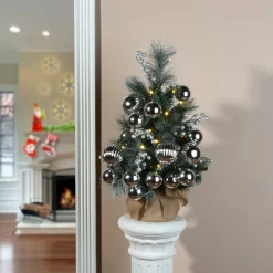 National Tree Company 2 ft. Pre-Lit Frosted Silver Pine Tree with LED Lights