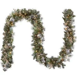 Hot National Tree Company 9 ft. Pre-Lit Glittery Pine Pomegranate Garland with Clear Lights