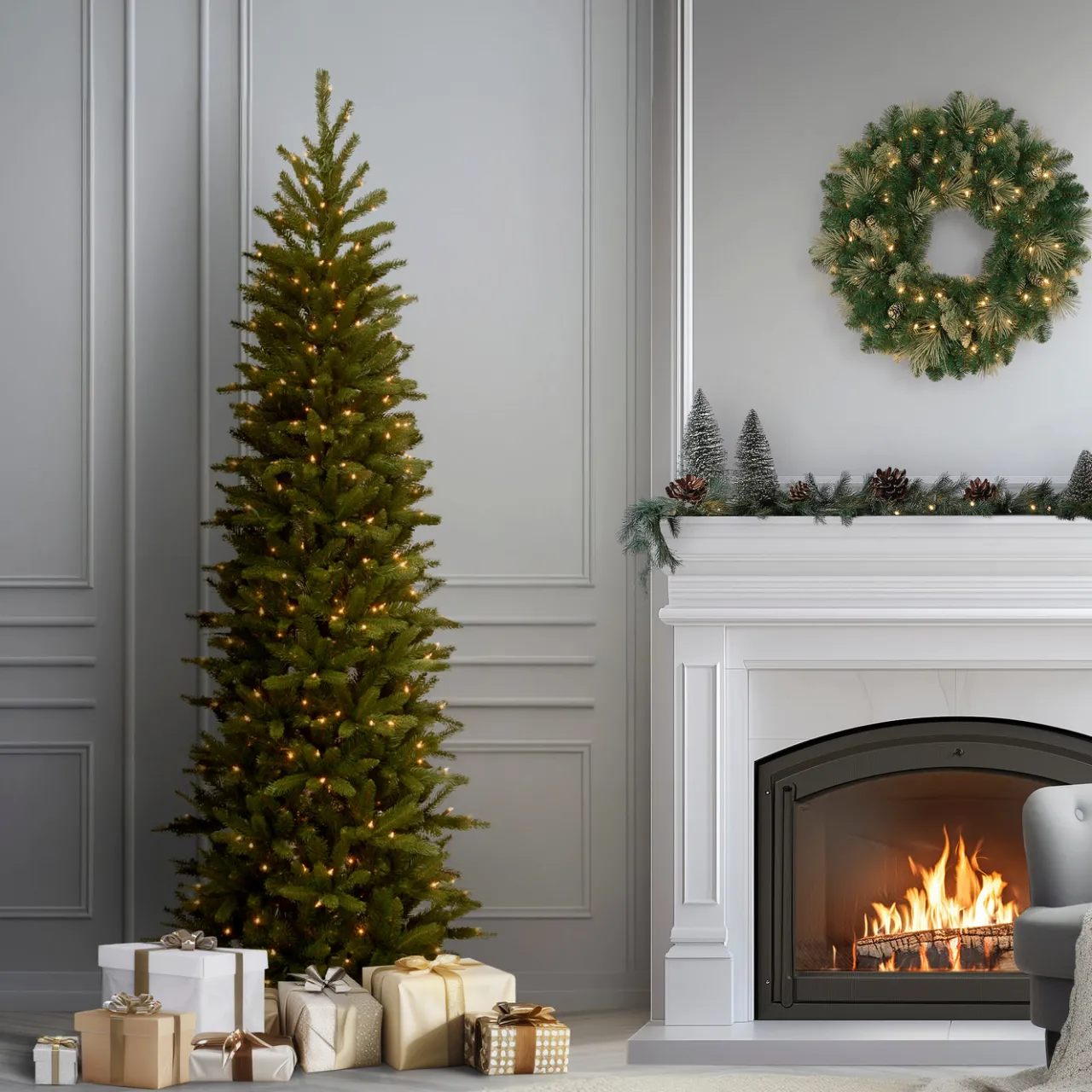 National Tree Company 6.5 ft. Pre-Lit Grande Fir Pencil Slim Tree with Clear Lights