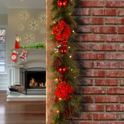 New National Tree Company 9 ft. Pre-Lit Hydrangea Pine Garland with Warm White LED Lights