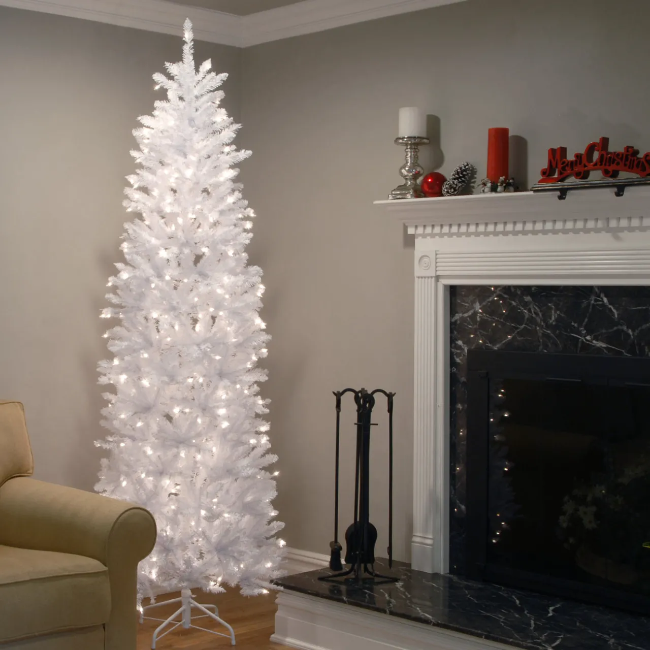New National Tree Company 7 ft. Pre-Lit Kingswood Fir White Pencil Tree with Clear Lights