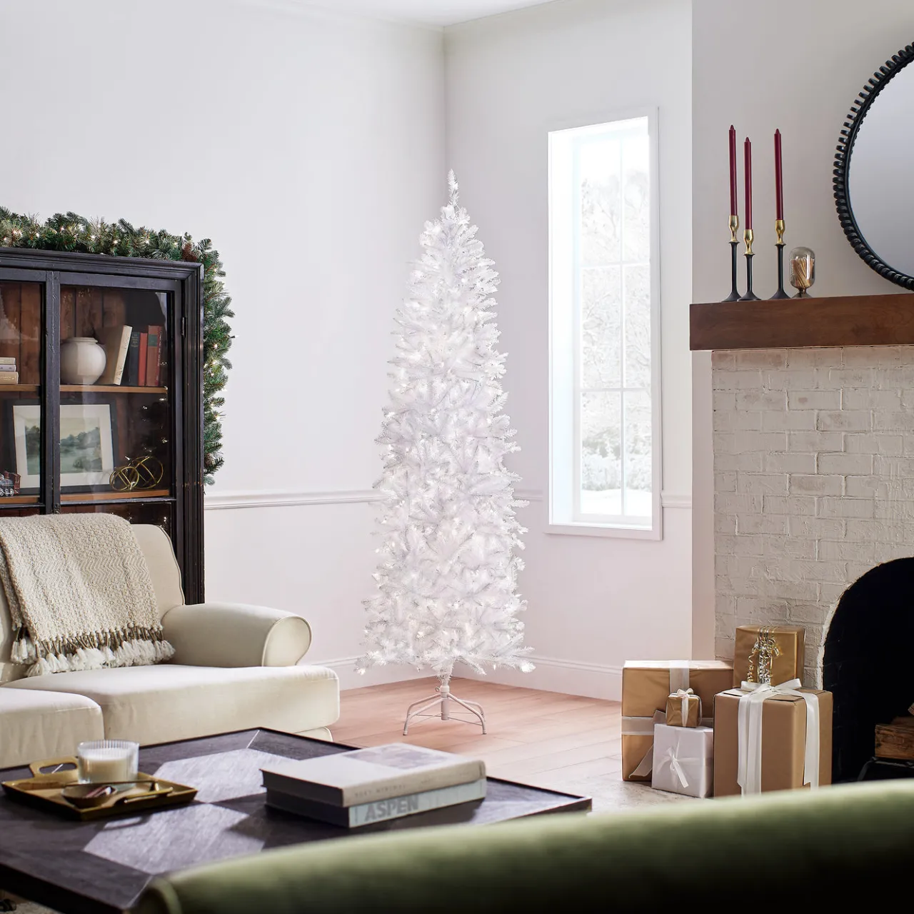 New National Tree Company 7 ft. Pre-Lit Kingswood Fir White Pencil Tree with Clear Lights