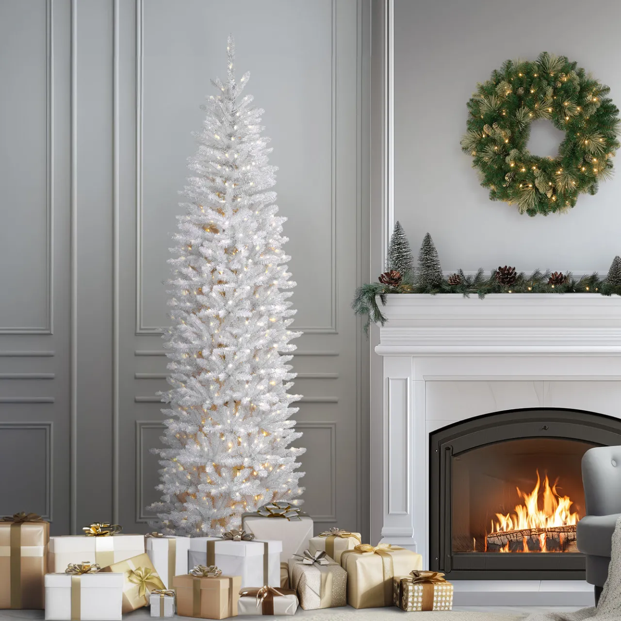 New National Tree Company 7.5 ft. Pre-Lit Kingswood Fir White Pencil Tree with Clear Lights