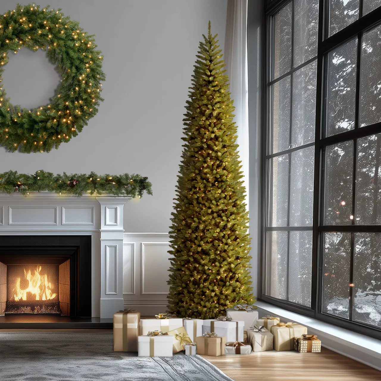Online National Tree Company 12 ft. Pre-Lit Kingswood Fir Pencil Slim Tree with Clear Lights
