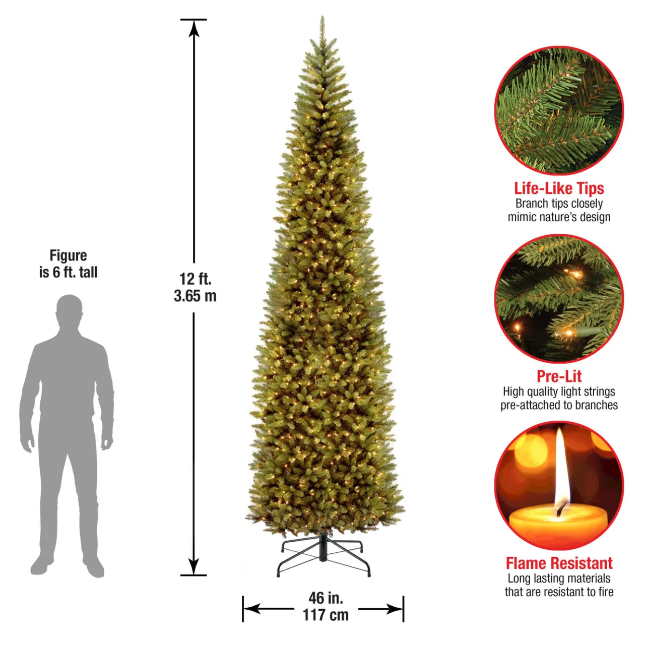 Online National Tree Company 12 ft. Pre-Lit Kingswood Fir Pencil Slim Tree with Clear Lights