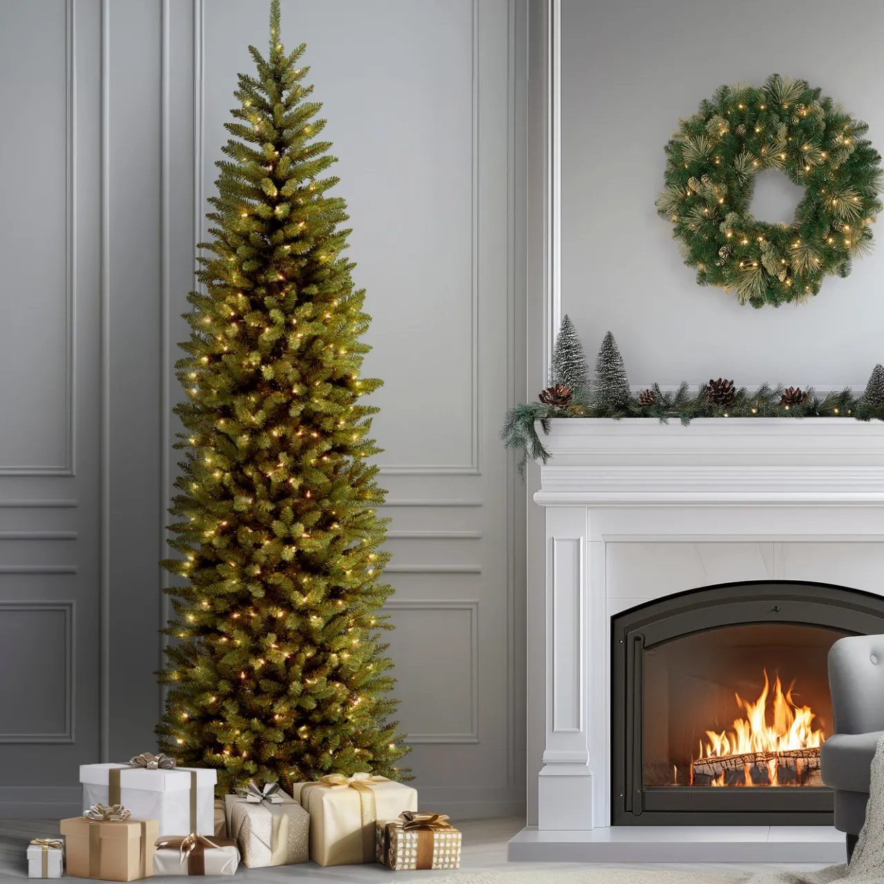 Discount National Tree Company 9 ft. Pre-Lit Kingswood Fir Pencil Tree with Clear Lights