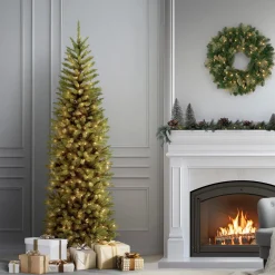 Online National Tree Company 7 ft. Pre-Lit Kingswood Fir Pencil Tree with Power Connect Dual Color LED Lights