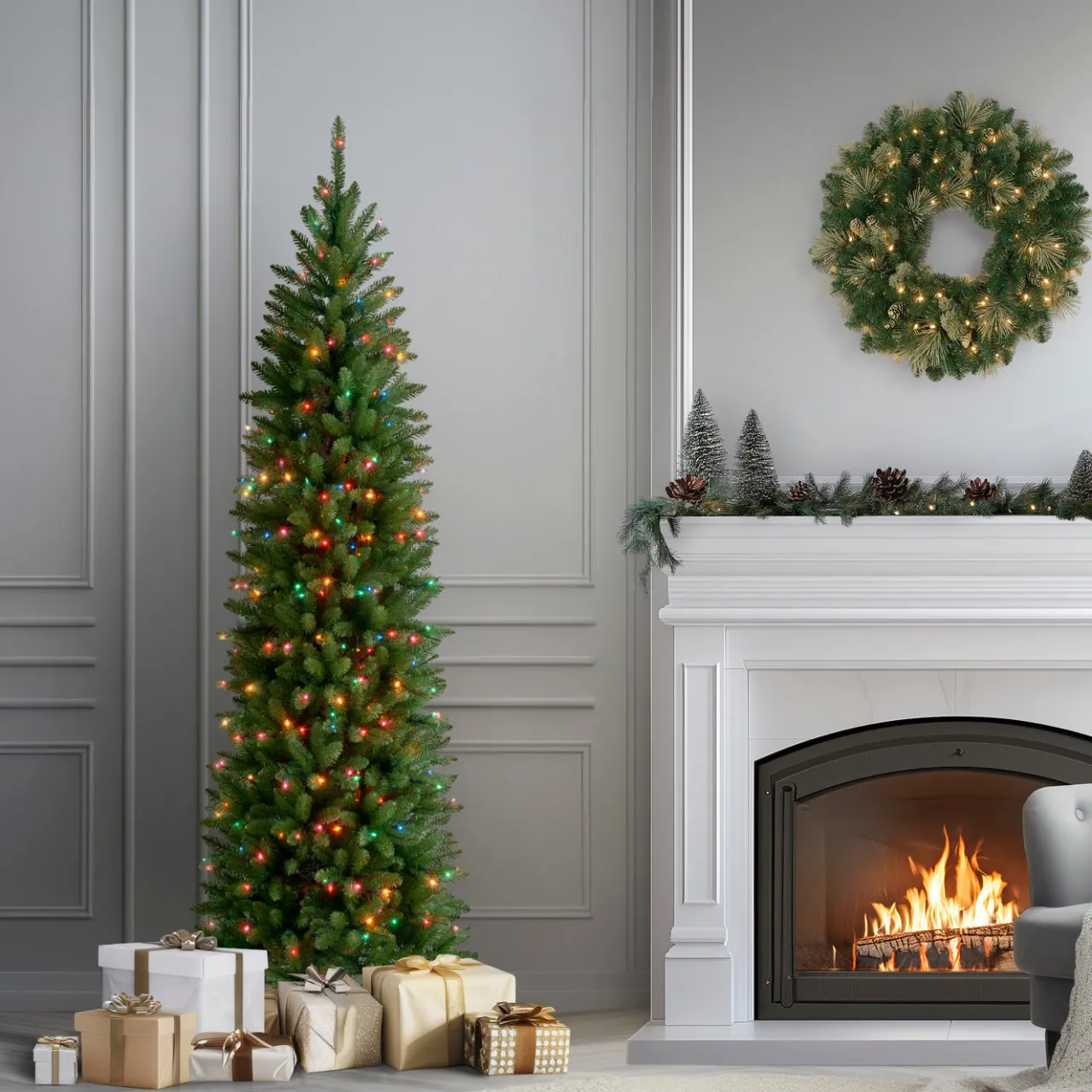 Best National Tree Company 7 ft. Pre-Lit Kingswood Fir Pencil Tree with Multicolor Lights