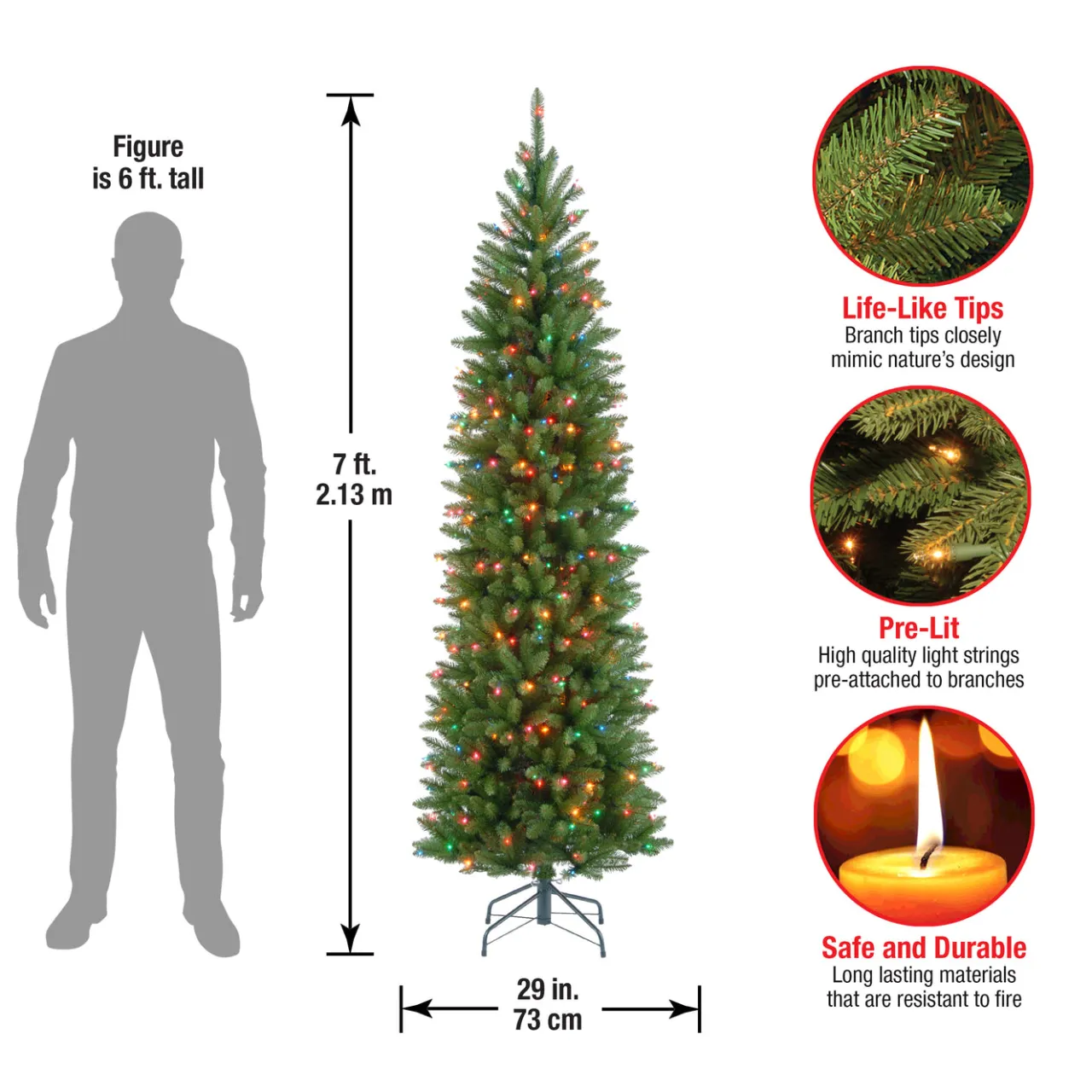 Best National Tree Company 7 ft. Pre-Lit Kingswood Fir Pencil Tree with Multicolor Lights