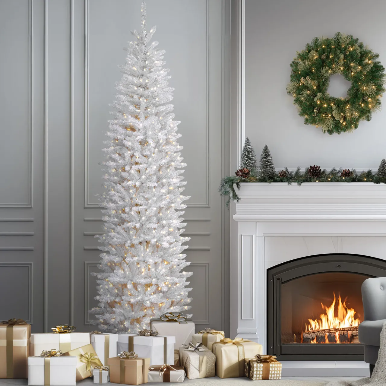 Hot National Tree Company 9 ft. Pre-Lit Kingswood Fir White Pencil Tree with Clear Lights