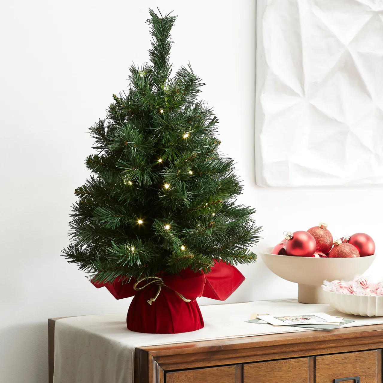 Best National Tree Company 2 ft. Pre-Lit Majestic Fir Tree with LED Lights, Red Base