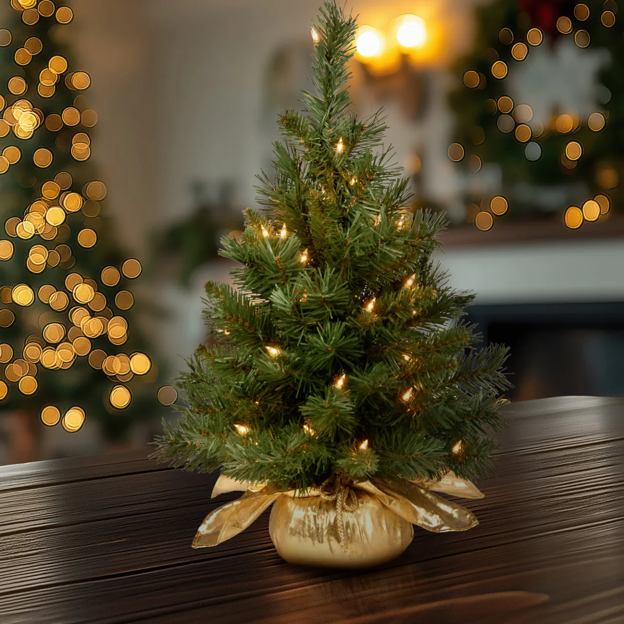 Best National Tree Company 2 ft. Pre-Lit Majestic Fir Tree with Clear Lights, Gold Base