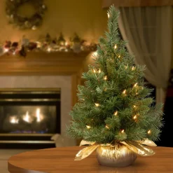 Best National Tree Company 2 ft. Pre-Lit Majestic Fir Tree with Clear Lights, Gold Base
