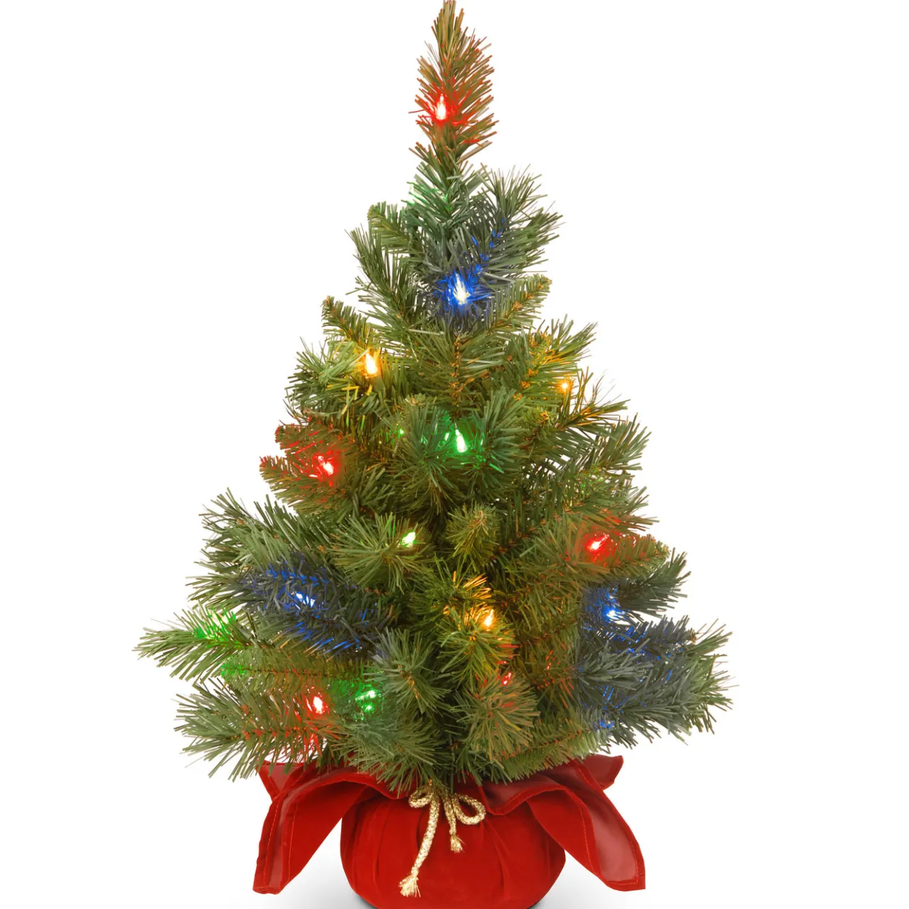 Online National Tree Company 2 ft. Pre-Lit Majestic Fir Tree with Multicolor LED Lights, Red Base
